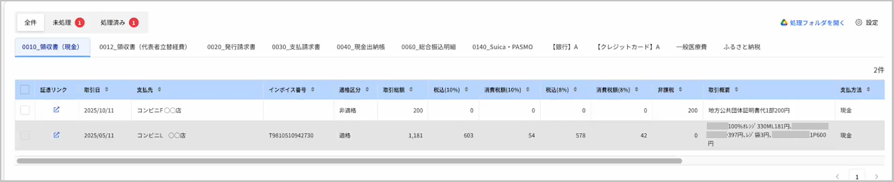 絞り込み結果の明細データ一覧